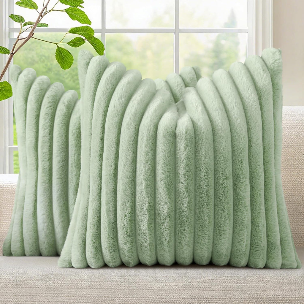 decorUhome Summer Cozy Faux Fur Throw Pillow Covers 16x16 Set of 2 Decorative Soft Plush Striped Modern Farmhouse Boho Couch Pillow Cases w…