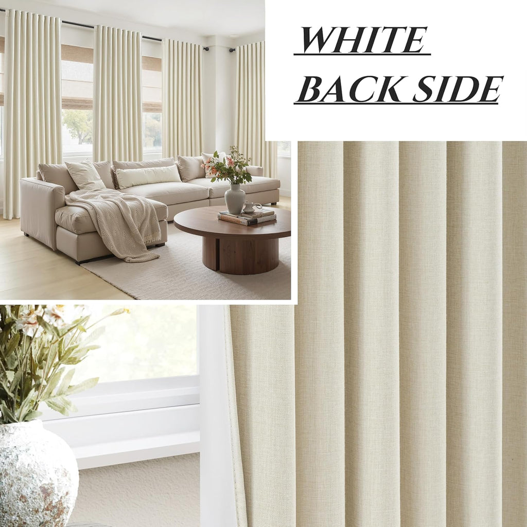 Qjmydeco Warm Cream Blackout Curtains 60 Inches Extra Wide Linen 90 Inch Length for Living Room, Pleated Farmhouse Bedroom Thermal Drapes fo…