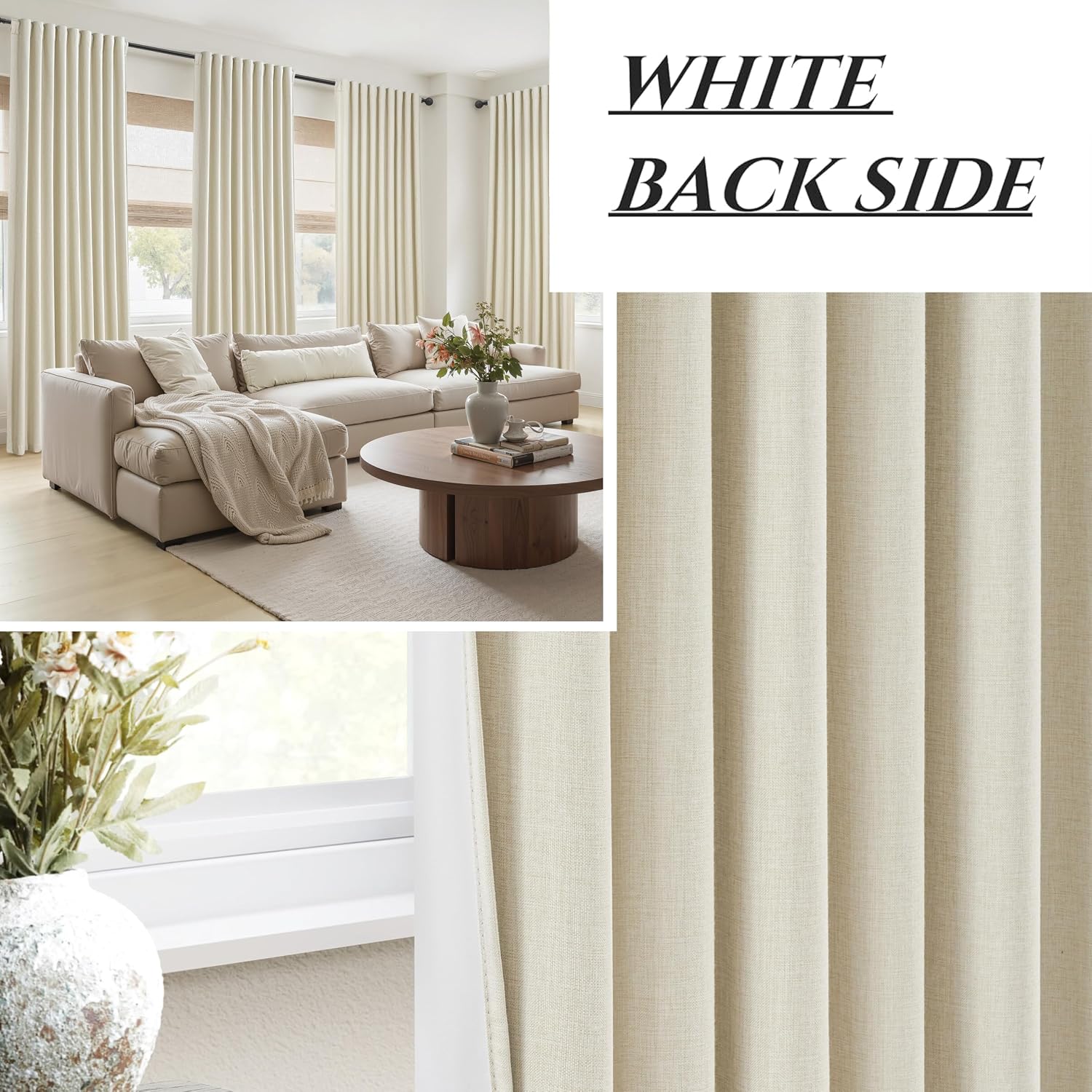 Qjmydeco Warm Cream Blackout Curtains 60 Inches Extra Wide Linen 90 Inch Length for Living Room, Pleated Farmhouse Bedroom Thermal Drapes fo…