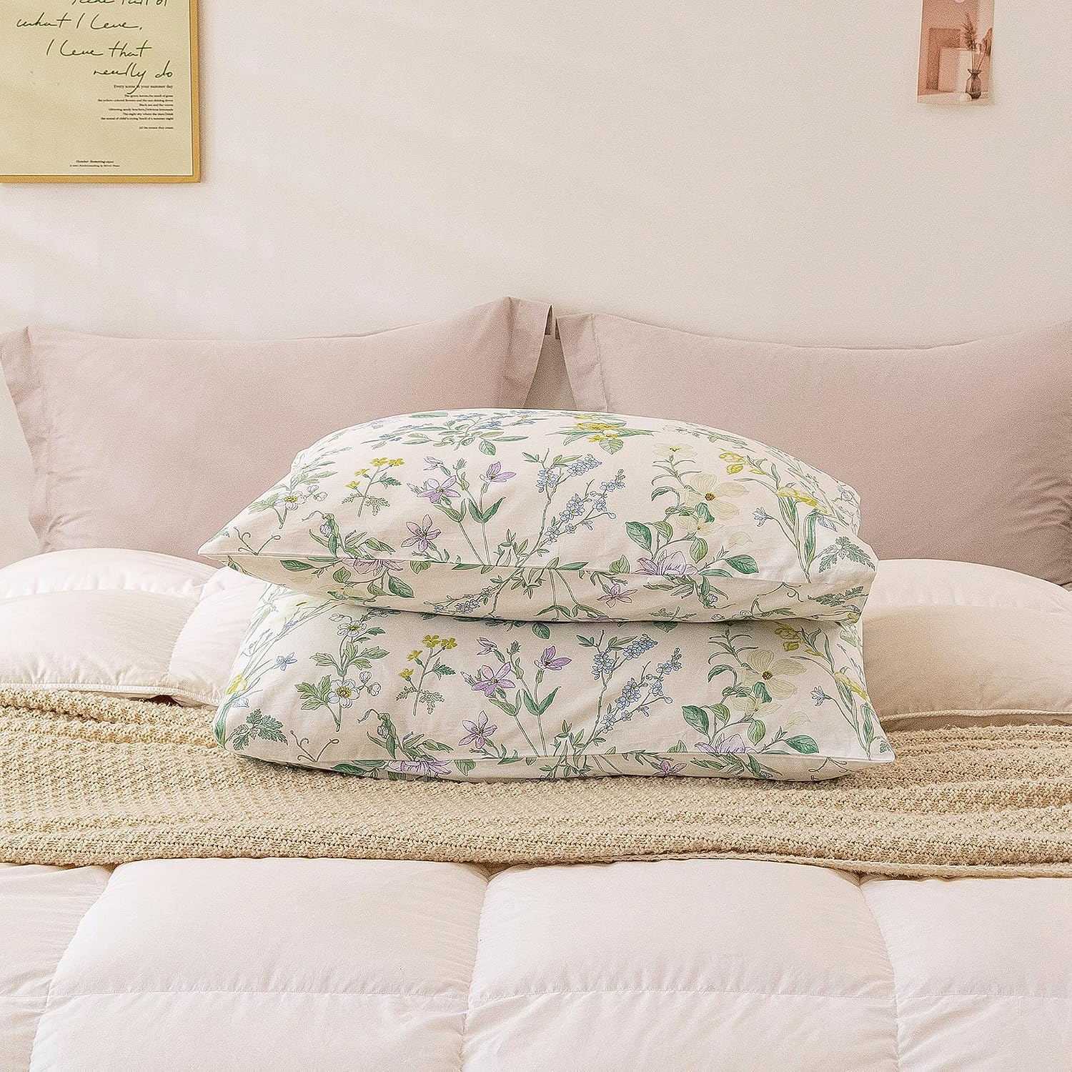 ECOCOTT Floral Pillowcases King Size Set of 2, 100% Washed Cotton Pillow Cases with Envelope Closure, Botanical Wildflower Printed Pillow…