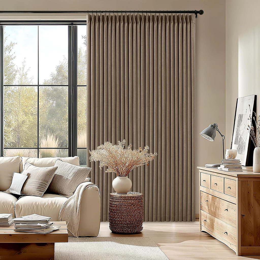 Twodrapes Latte Dual Layer Blackout 102 Inch Length Curtains 2 Panels Pinch Pleated for Sliding Glass Door Luxury Pinch Pleated Flax Linen…