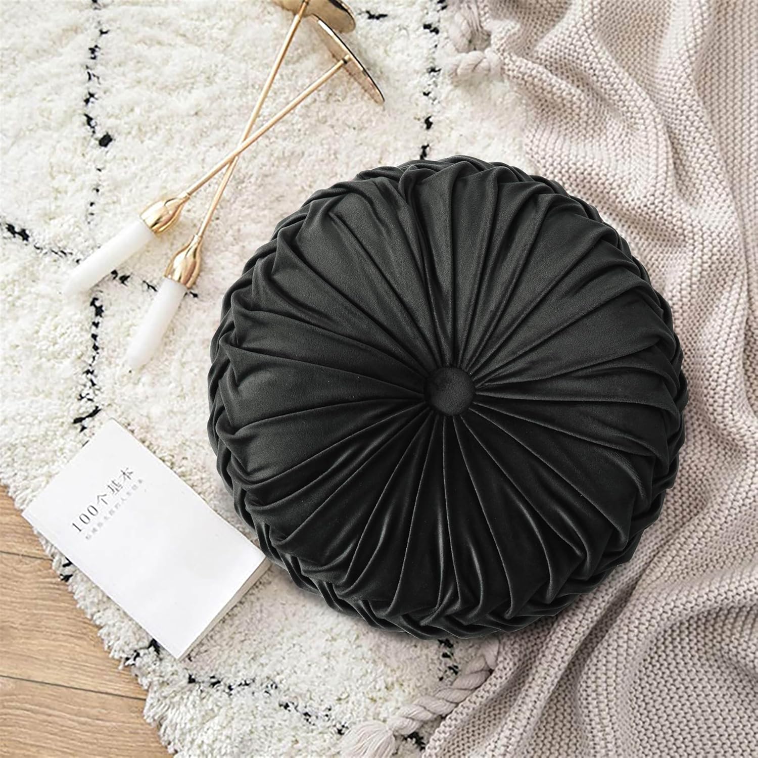 Hig Set of 2 Decorative Round Pleated Throw Pillows, Classy Accent Pumpkin Throw Pillows with Center Button, Vintage Velvet Floor Pillows f…
