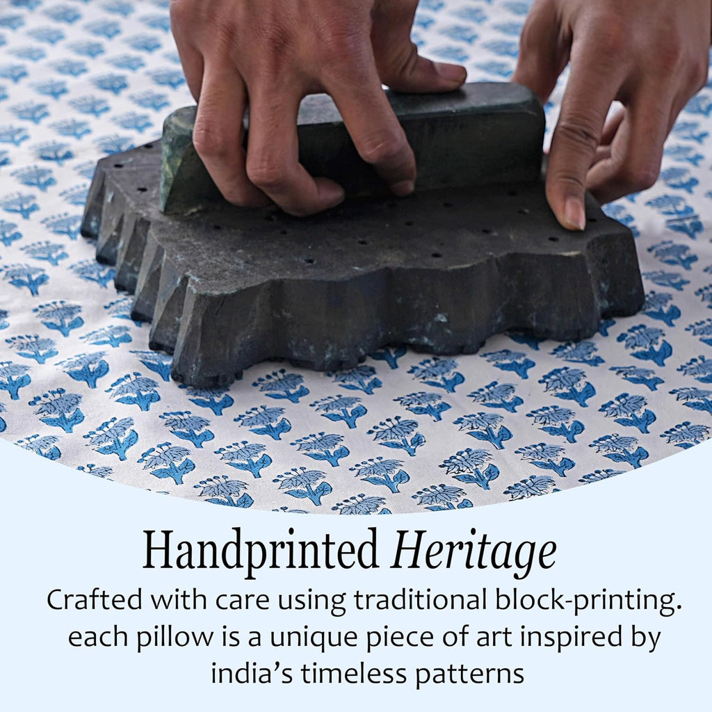 Cottonprintclub CPC Hand Block Print Apatite Blue Ruffle Sham Pillow Cover 54" x 20" inch Hidden Zipper Decorative Pillowcase for Couch, Be…