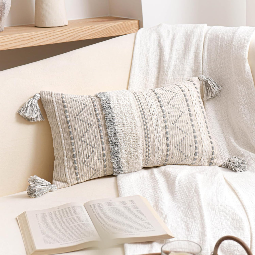 BlissBlush Decorative Lumbar Throw Pillow Covers 12x20 Combo Set of 2 Gray Rectangular Boho Accent Pillowcase Neutral Grey Farmhouse…