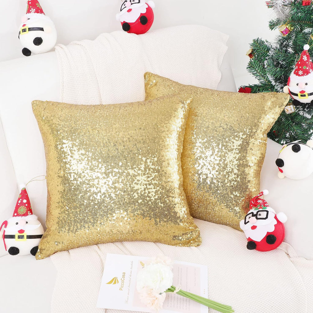 uxcell 2 Pcs Gold Tone Sequin Throw Pillow Covers, Shiny Sparkling Comfy Satin Sequin Cushion Covers, Decorative Pillowcases for…