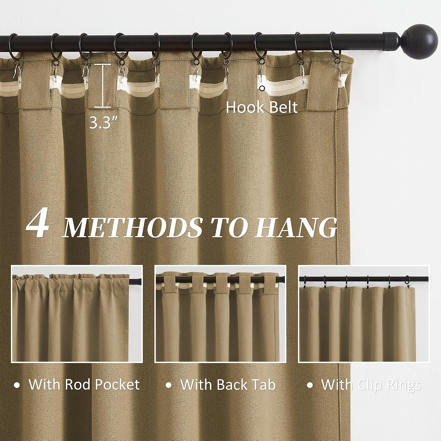 Keqiaosuocai Burlap Linen Blackout Curtains 63 Inches Long, Back Tab Rod Pocket Hook Belt Natural Farmhouse Rustic Curtain Panels for Bedro…