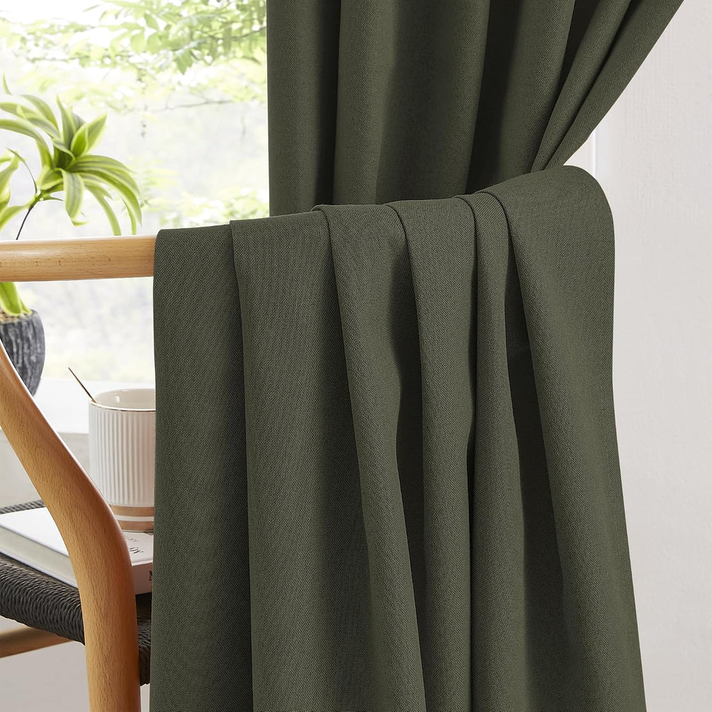 Keqiaosuocai Dark Olive Green Blackout Curtains 90 Inches Long 2 Panels Set- Faux Linen Textured Black Out Thermal Insulated Noise Reductio…