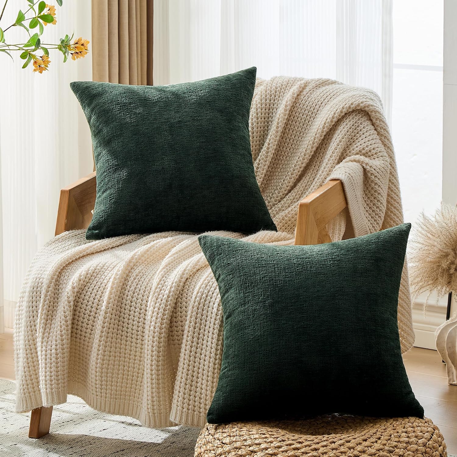 Gawamay Set of 2 Soft Textured Chenille Throw Pillow Covers 16x16 Inch (40x40 CM), Decorative Pillowcases Cushion Covers for Farmhouse Home…