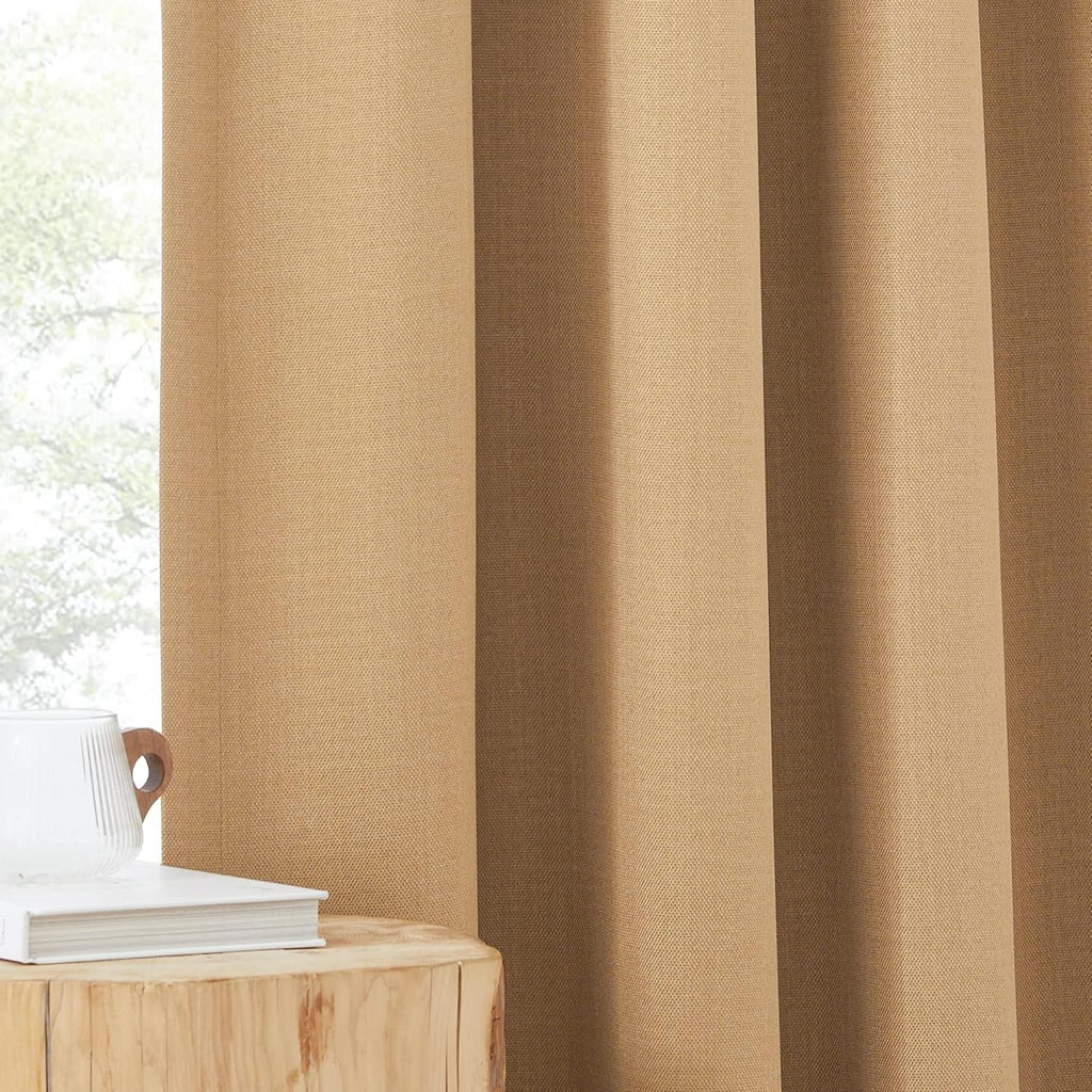 Nicetown Thick Faux Linen Room Darkening Caramel Curtains 96 inches Long, Pinch Pleated Faux Linen Curtains Thermal Insulated Window Treatm…