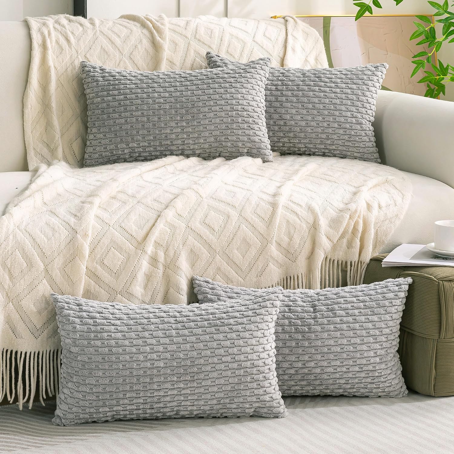 Cozoomy Set of 4 Grey Decorative Throw Pillow Covers 12x20 Inch Corduroy Pillow Covers for Bed Couch Sofa Living Room Soft Cushion Cases 20…