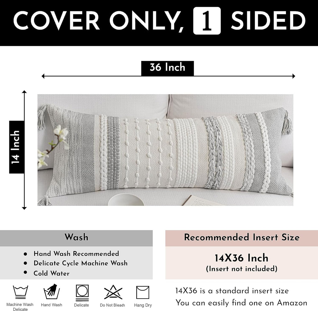 BlissBlush Gray Decorative Lumbar Pillow Cover 14x36, Grey Boho Long Body Pillow for Bed, Farmhouse Lumbar Throw Pillow for Couch, Modern…