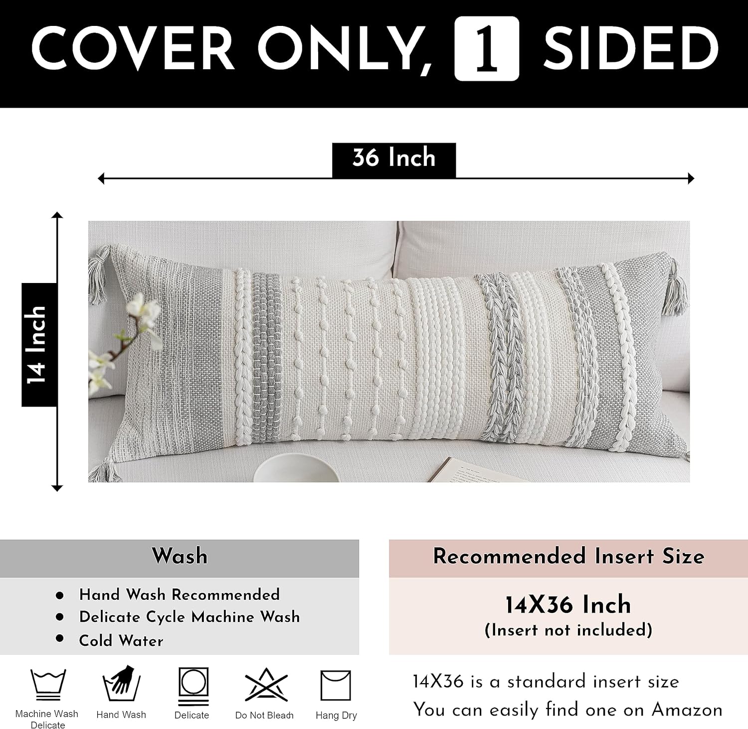 BlissBlush Gray Decorative Lumbar Pillow Cover 14x36, Grey Boho Long Body Pillow for Bed, Farmhouse Lumbar Throw Pillow for Couch, Modern…