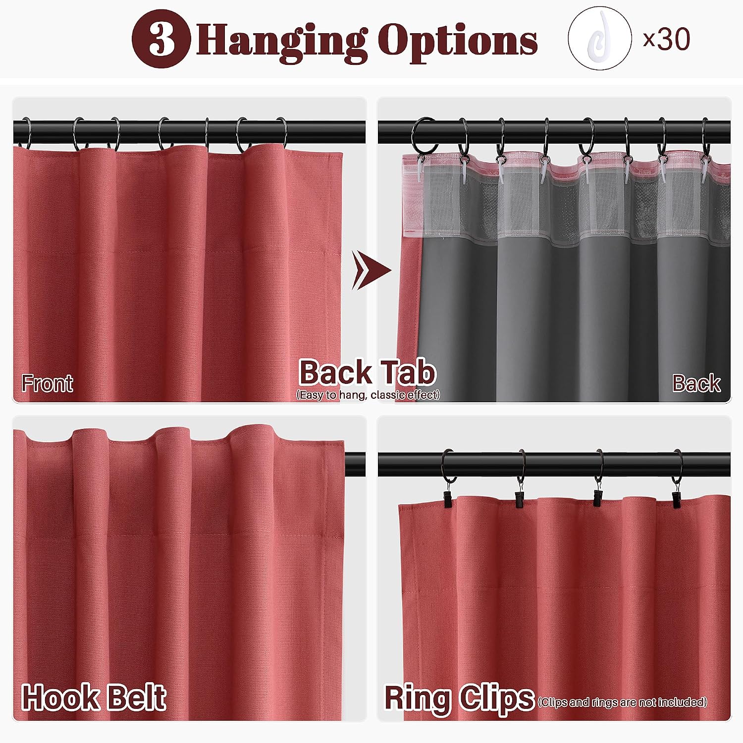 Guken Red Linen 100% Blackout Curtains 102 Inch Long for Bedroom 2 Panels Textured Farmhouse Room Darkening Back Tab Curtains Hooks Thermal…
