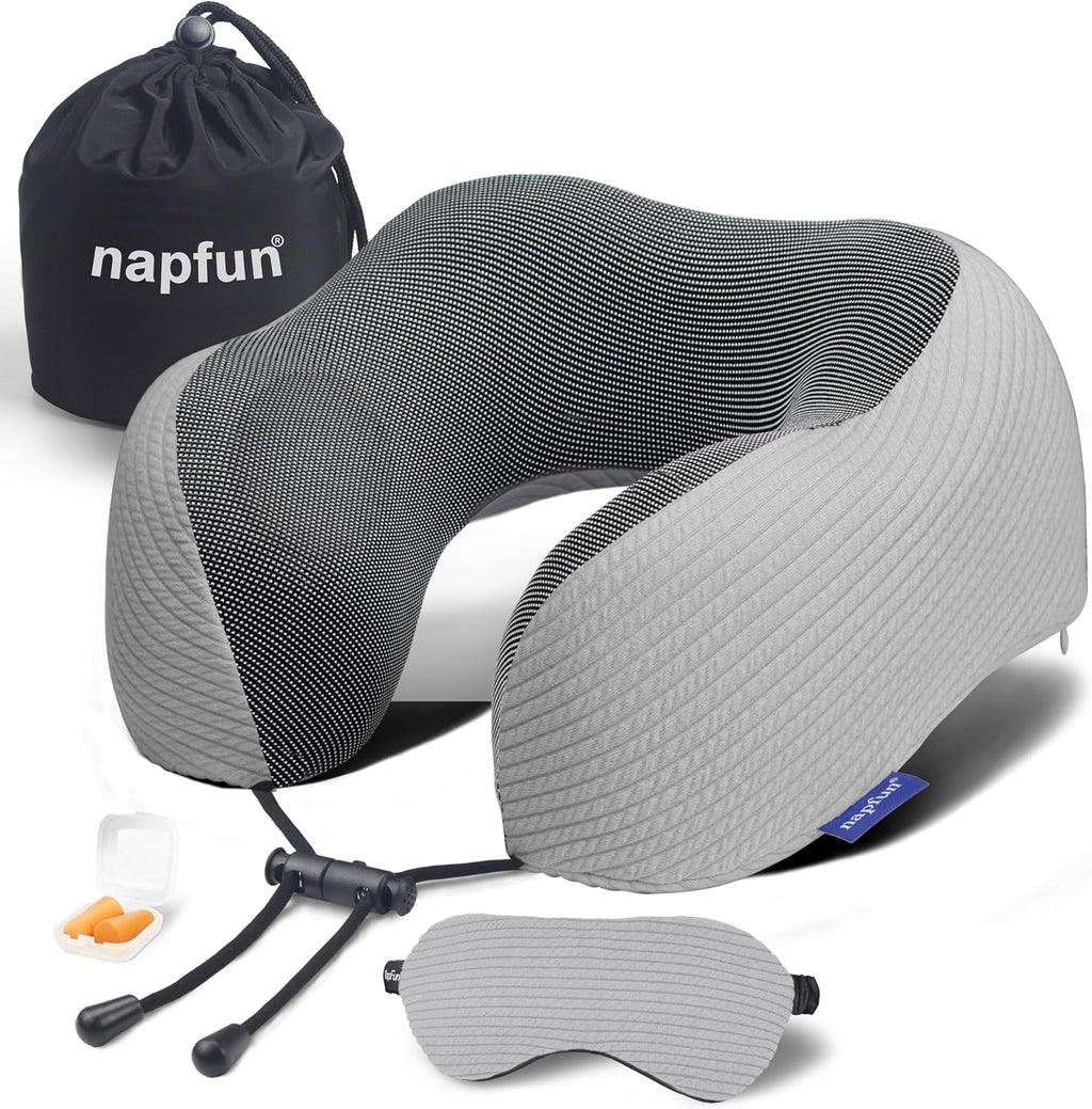 napfun Neck Pillow for Travel with Travel Pouch, Sleep Mask & Earplugs, Memory Foam Airplane Pillow for Headrest Sleep with Eyeshades…