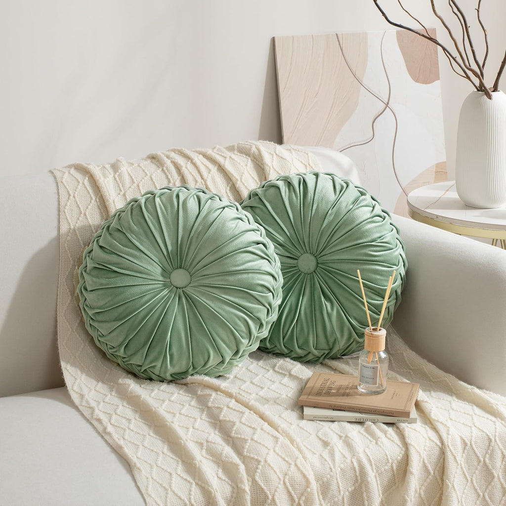 Hig Set of 2 Decorative Round Pleated Throw Pillows, Classy Accent Pumpkin Throw Pillows with Center Button, Vintage Velvet Floor Pillows f…