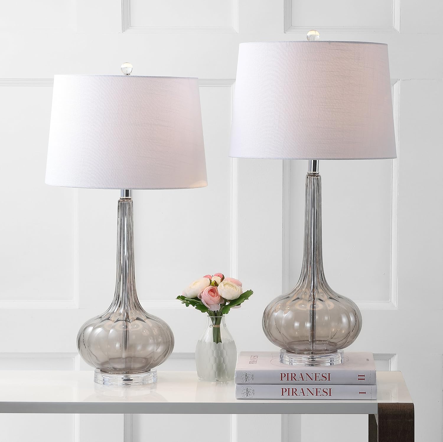 JONATHAN Y 28.5" Smoke Gray Glass Teardrop LED Table Lamp Set of 2 for Living Room Bedroom Nightstand, White Linen Shade Modern…