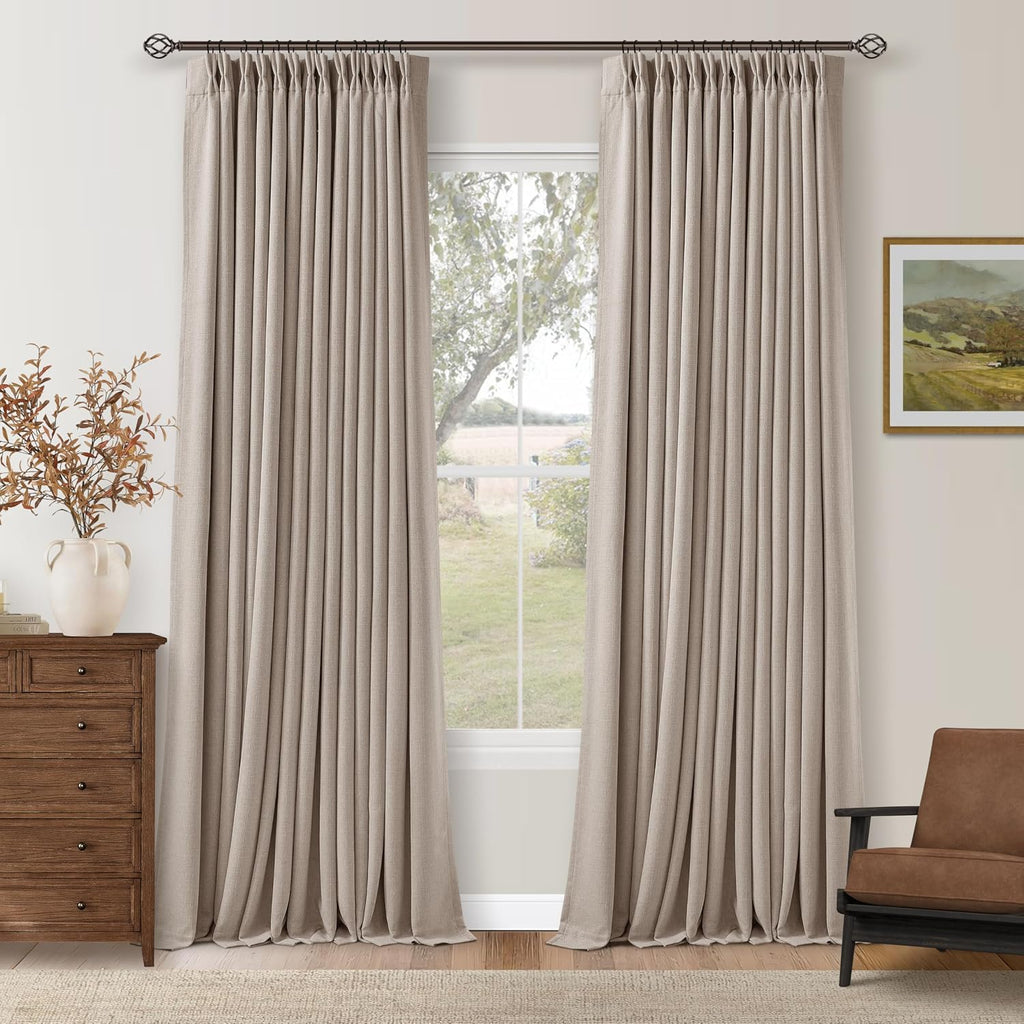 Twodrapes Viral Pleated Blackout Burlap 120 Inch Long Curtains Neutral Pinch Pleated Taupe Burlywood Birch Linen Double Layer 100% Black Ou…