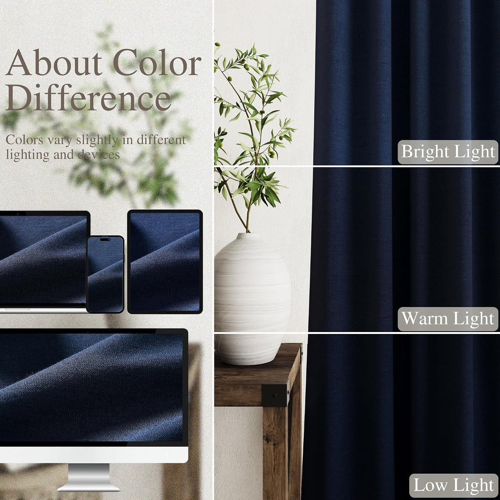 Nanspring Navy Blue 100% Blackout Linen Curtains 84 Inch Length 2 Panels Set for Bedroom Back Tab Modern Luxury Nautical Decor Black Out Cu…