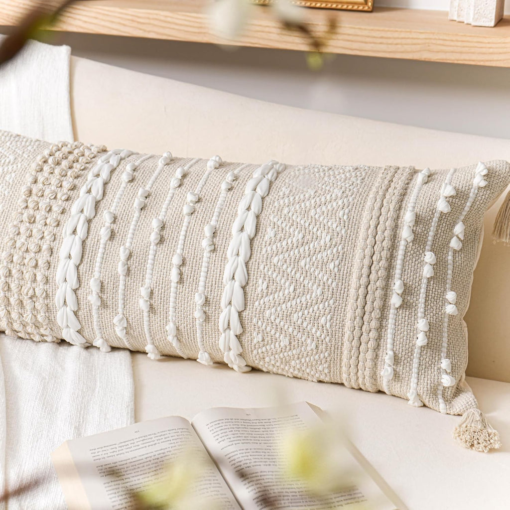 BlissBlush Cream Decorative Lumbar Throw Pillow Cover 14x36 Boho Long Cushion for Bed Neutral Beige White Accent Modern Farmhouse…