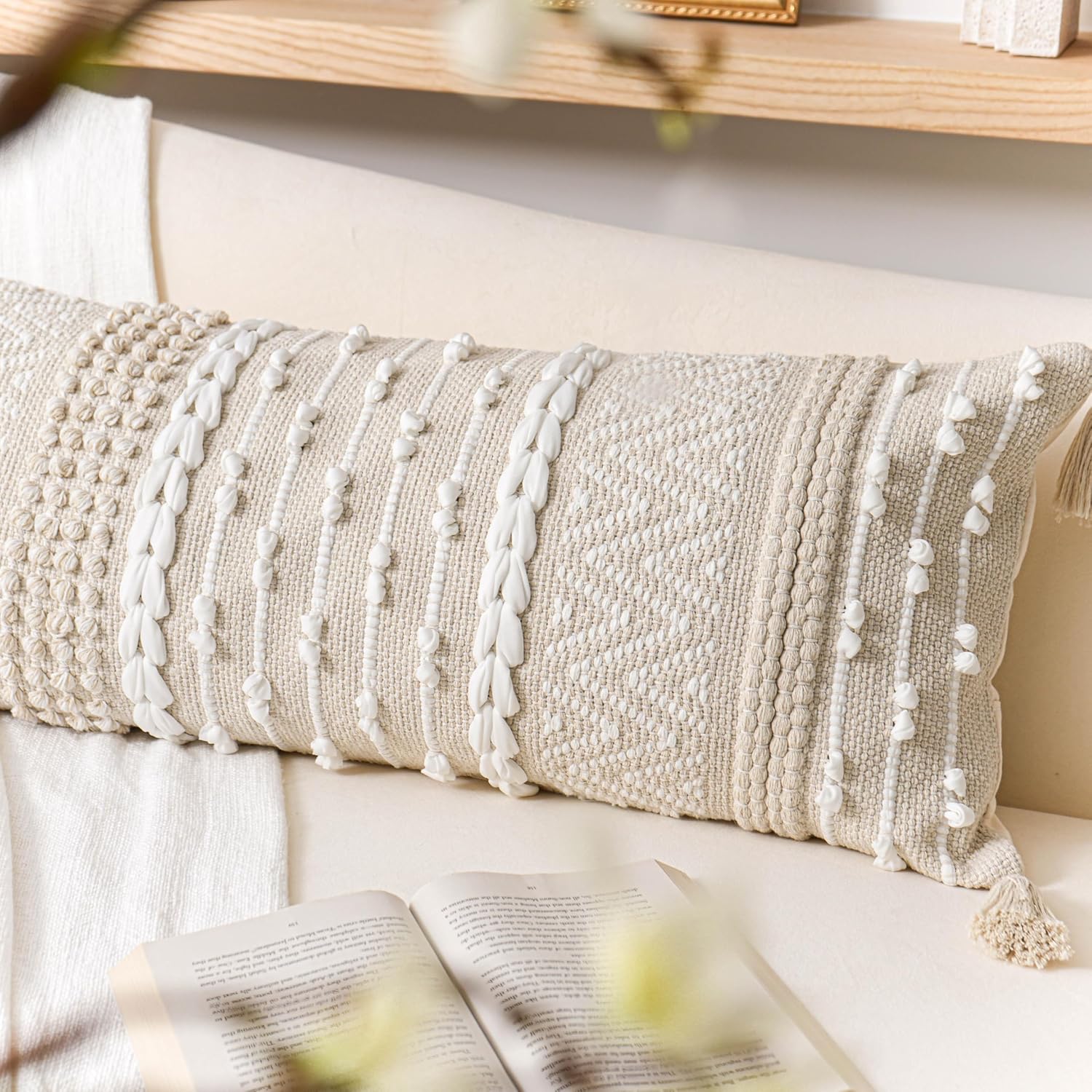 BlissBlush Cream Decorative Lumbar Throw Pillow Cover 14x36 Boho Long Cushion for Bed Neutral Beige White Accent Modern Farmhouse…