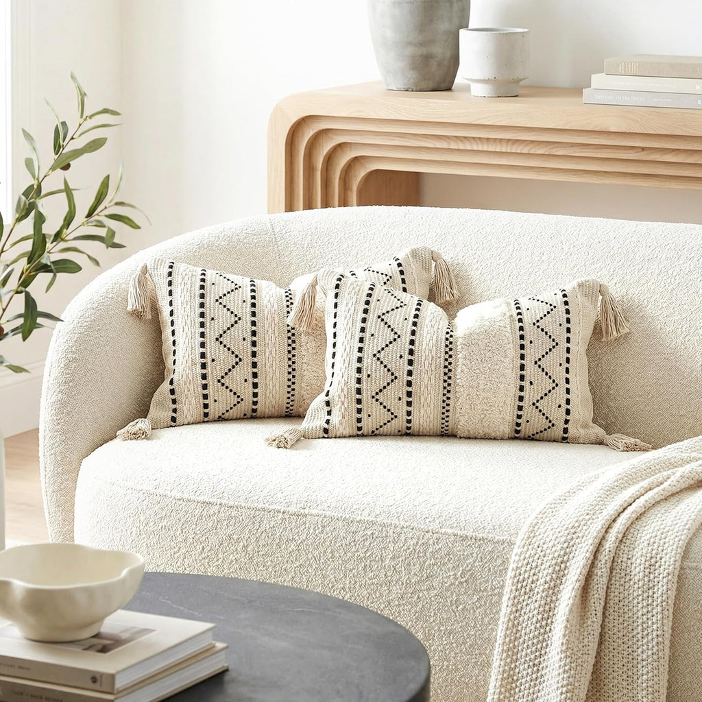 BlissBlush Decorative Lumbar Throw Pillow Covers 12x20 Combo Set of 2 Rectangular Boho Accent Pillowcase Black Neutral Farmhouse Cushion…