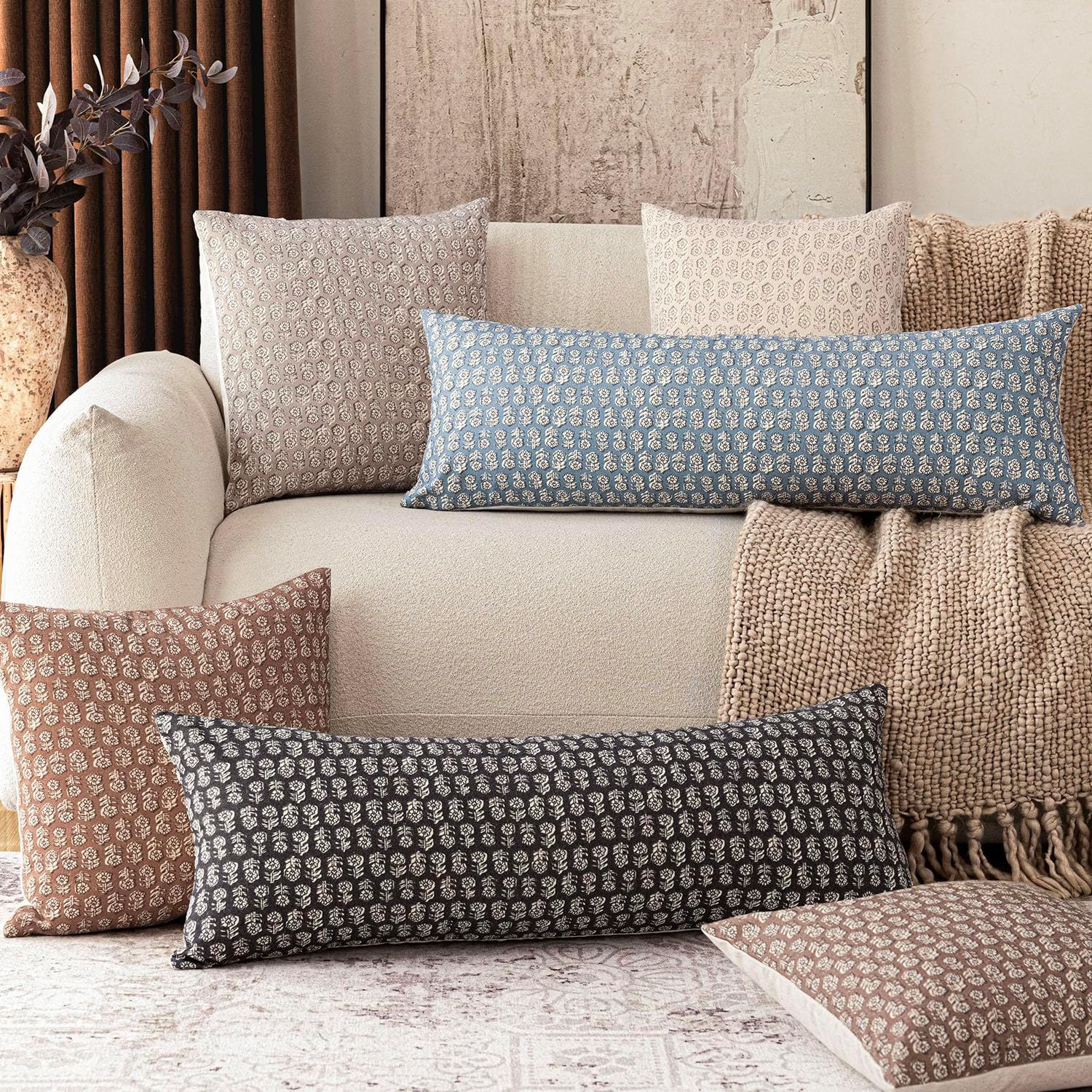 Foindtower Set of 2 Decorative Floral Body Lumbar Throw Pillow Covers Neutral Modern Farmhouse Cushion Covers Vintage Home Decor for Sofa…