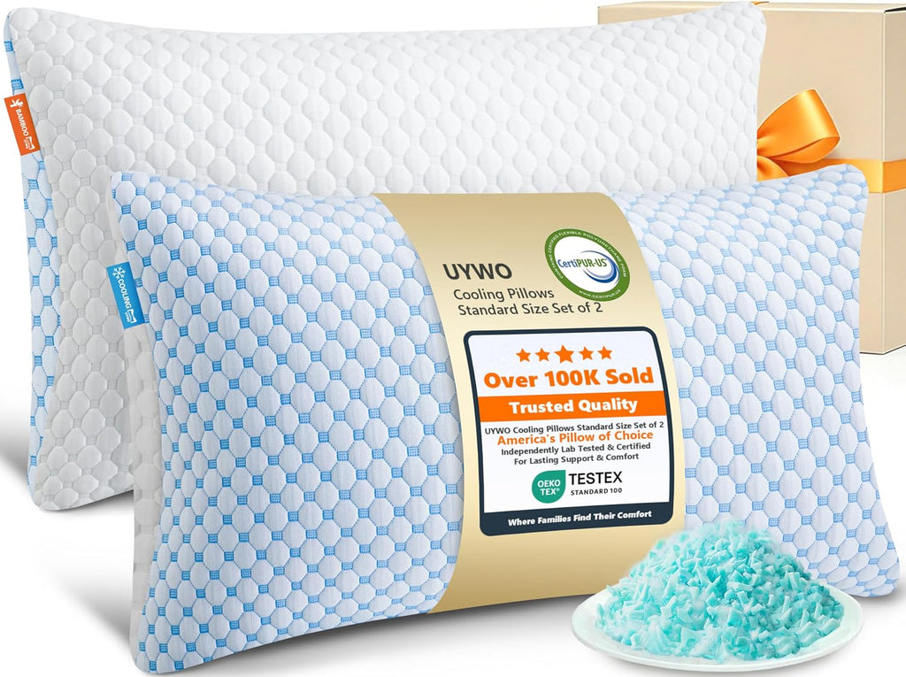 UYWO Cooling Firm Bed Pillows Set of 2, Shredded Memory Foam Pillows for Sleeping Luxury Gel Pillows for Side Back Stomach Sleepers with…