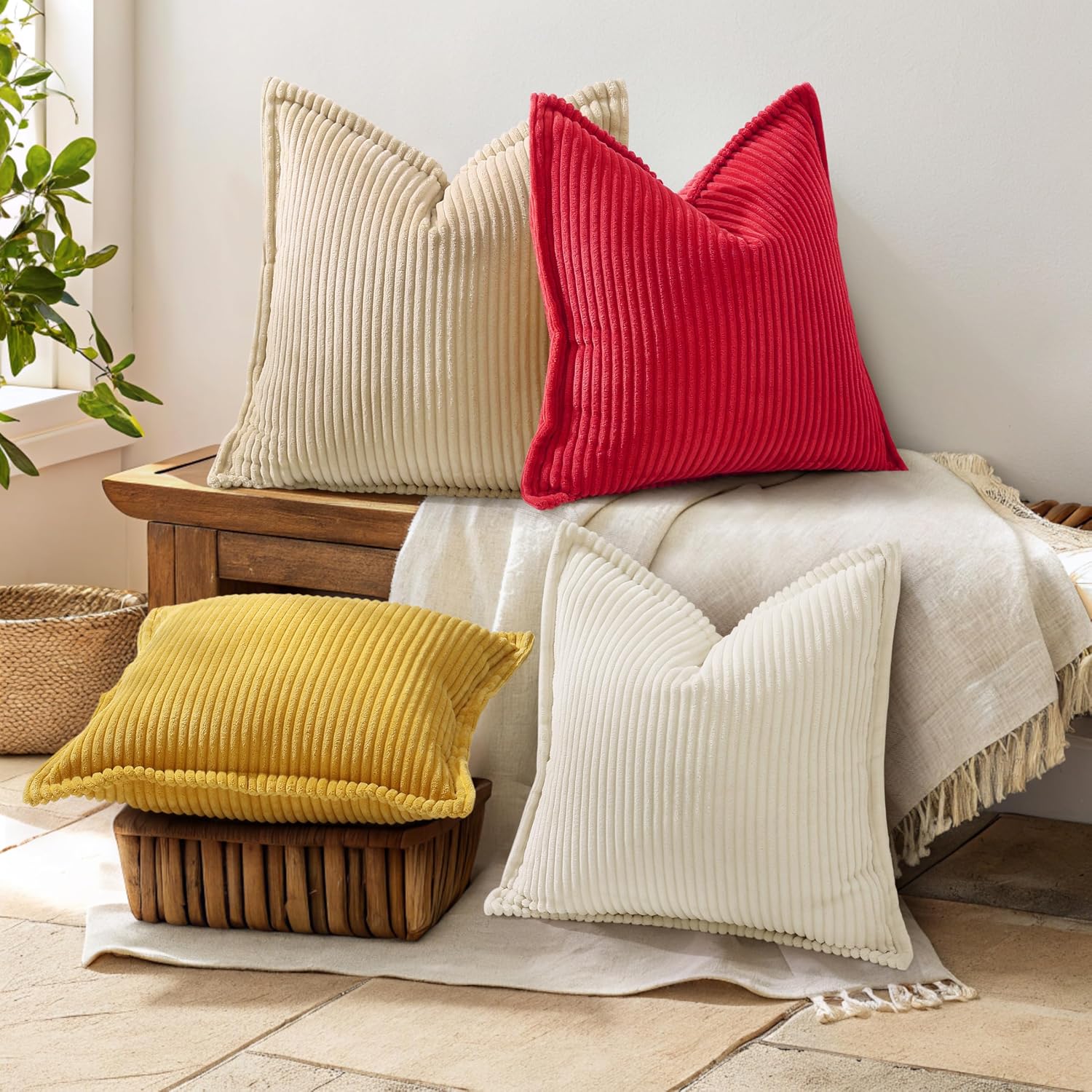 decorUhome Summer Corduroy Red Throw Pillow Covers 18x18 Set of 2 Decorative Soft Boho Farmhouse Couch Pillow Covers for Living Room Bed So…