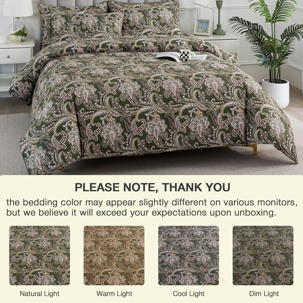Puralens Vintage Paisley Floral Green Duvet Cover King 100% Cotton, Shabby Flower Printed Chic Crisp Percale Comforter Cover Set, Farmhouse…