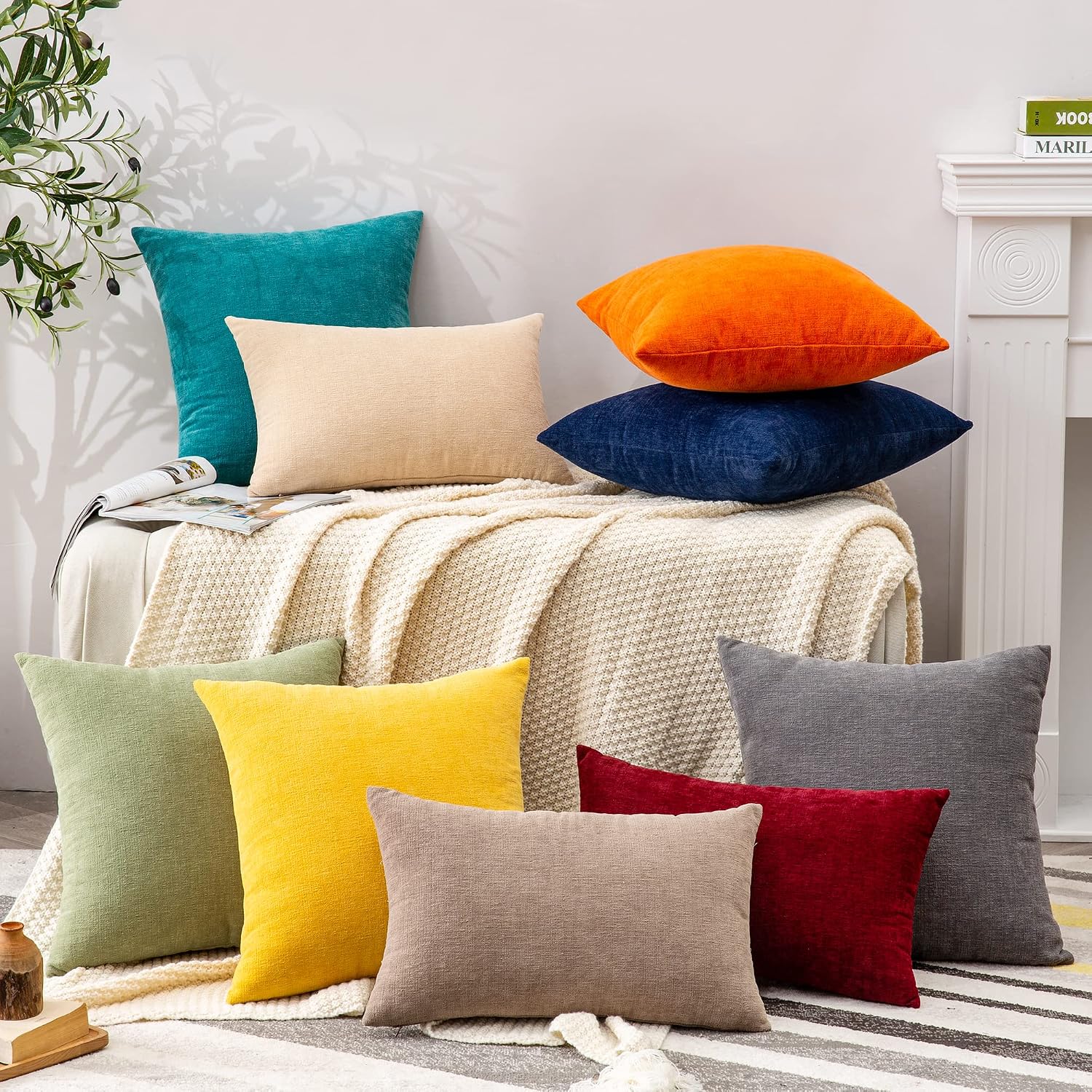 Gawamay Decorative Square Throw Pillow Covers 22"x22" Inch Set of 2, Super Soft Chenille Pillows Farmhouse Fall Pillowcase for Living Room…