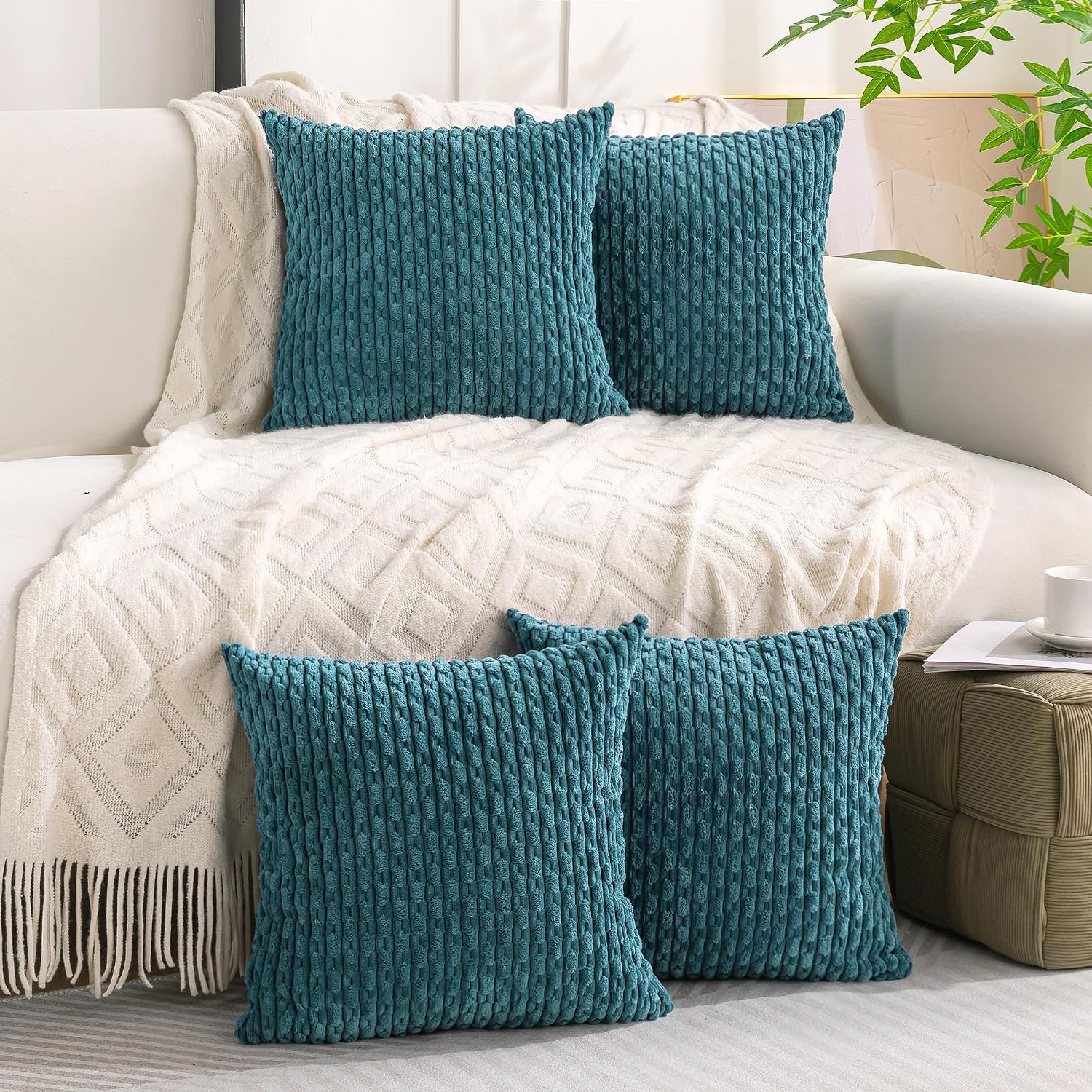 Cozoomy Set of 4 Teal Decorative Throw Pillow Covers 20x20 Inch Corduroy Pillow Covers for Bed Couch Sofa Living Room Soft Square Cushion C…