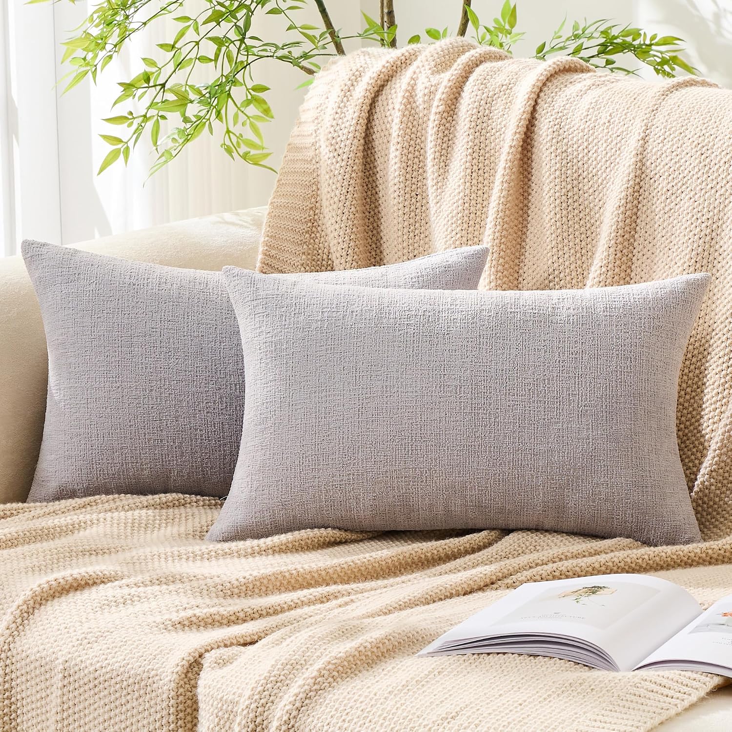 Gawamay Pack of 2 Decorative Lumbar Throw Pillow Covers 20x12 Inch, Soft Chenille Boho Farmhouse Cushion Cases, Couch Pillow Covers for Liv…