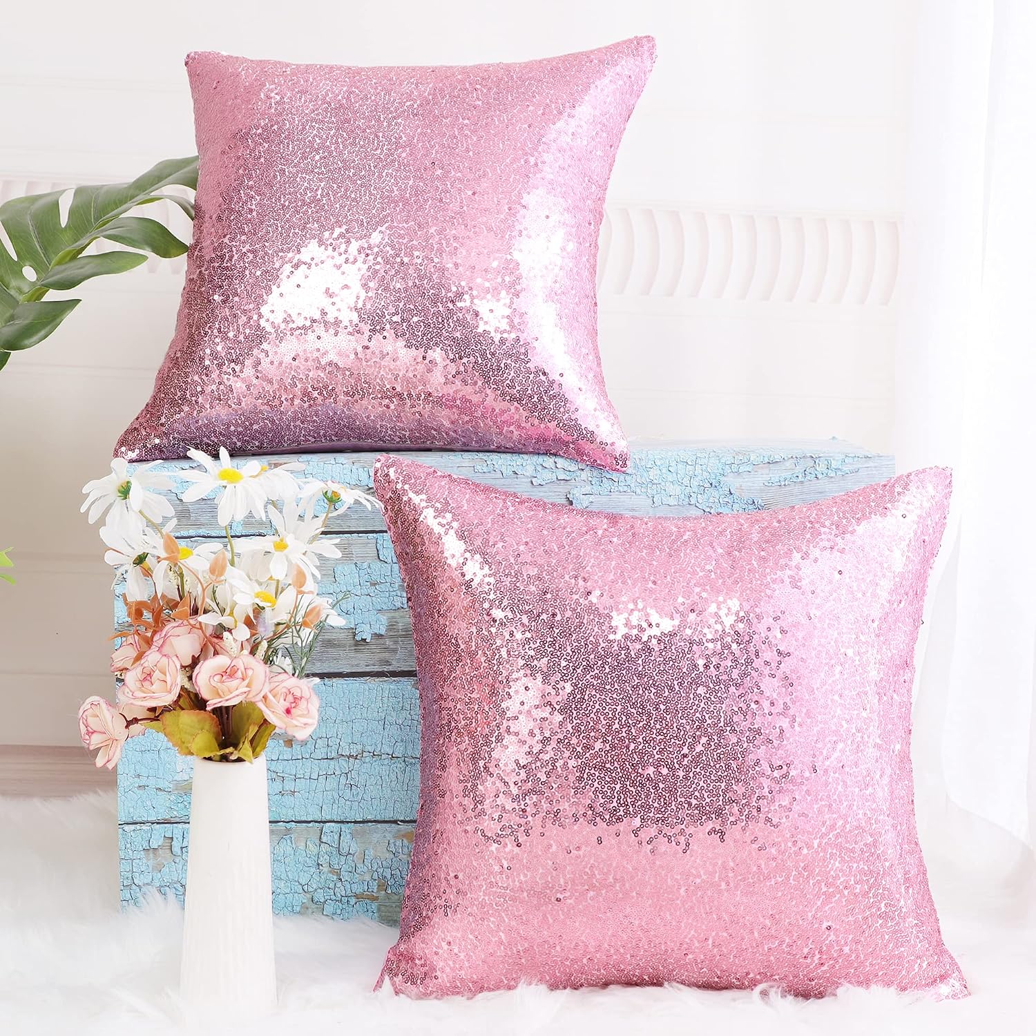 uxcell 2 Pcs Sequin Throw Pillow Covers, Shiny Sparkling Comfy Satin Cushion Covers, Decorative Pillowcases for…