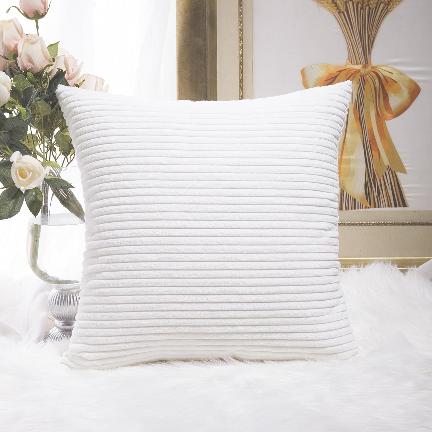 Home Brilliant Euro Sham Super Soft Striped Corduroy Velvet Decorative Throw Pillow Cushion Cover for Baby Couch Bench Sofa Summer Decor…