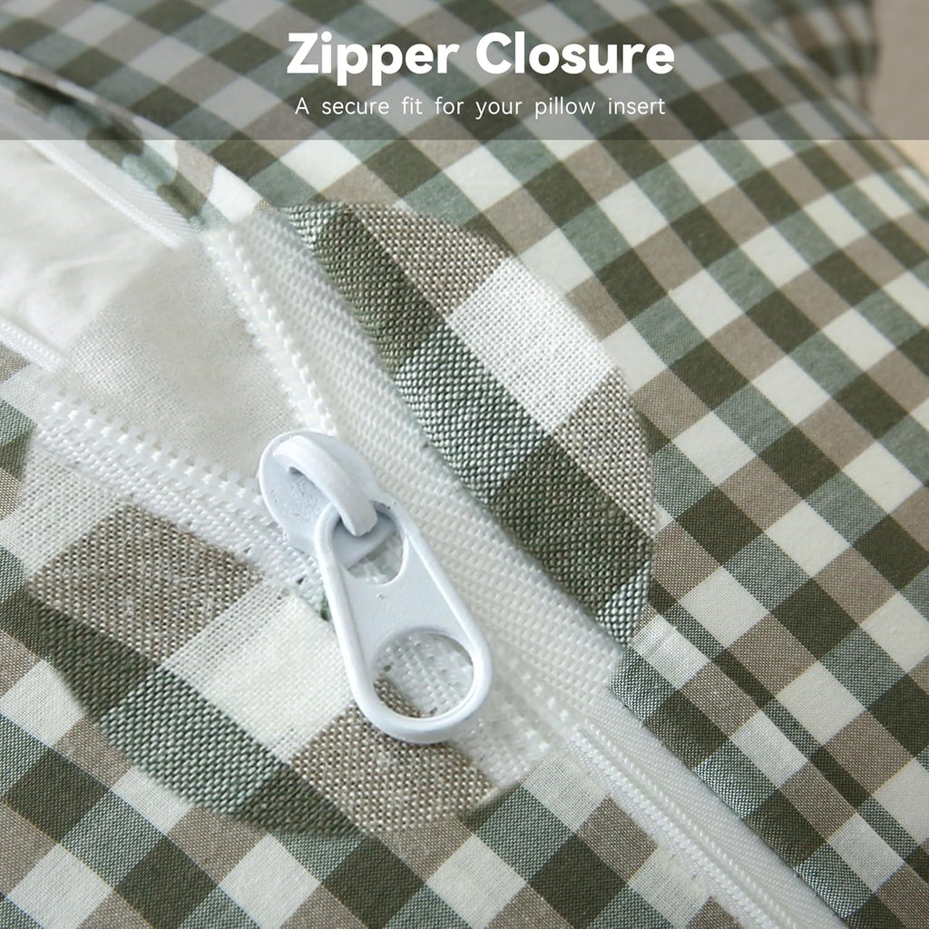 Jilboo 2 Pack 20x20 Inches Sage Green/White Checkered Throw Pillow Covers 100% Washed Cotton Vintage Ruffle Trim Decorative Gingham Pillowc…