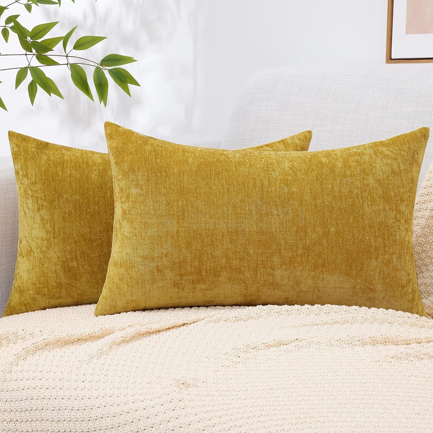 decorUhome Chenille Mineral Yellow Throw Pillow Covers 12x20 Inch Set of 2, Decorative Soft Couch Pillow Covers Solid Dyed Accent Farmhouse…