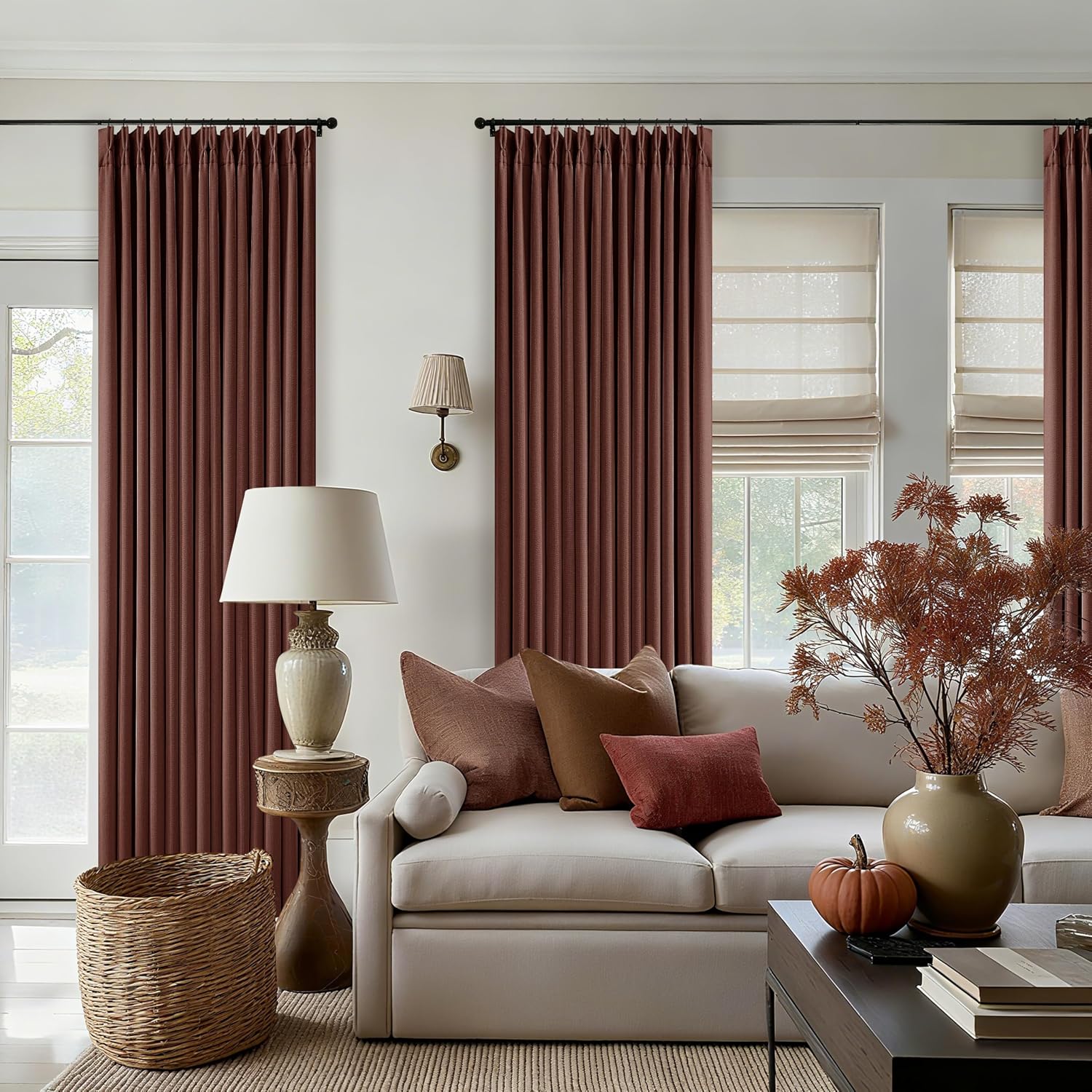 Twodrapes Maroon Blackout Pinch Pleated Linen Curtains 105 Inches Long for Living Room 2 Panels Thermal Insulted Dual Layer Drapes Ceiling…