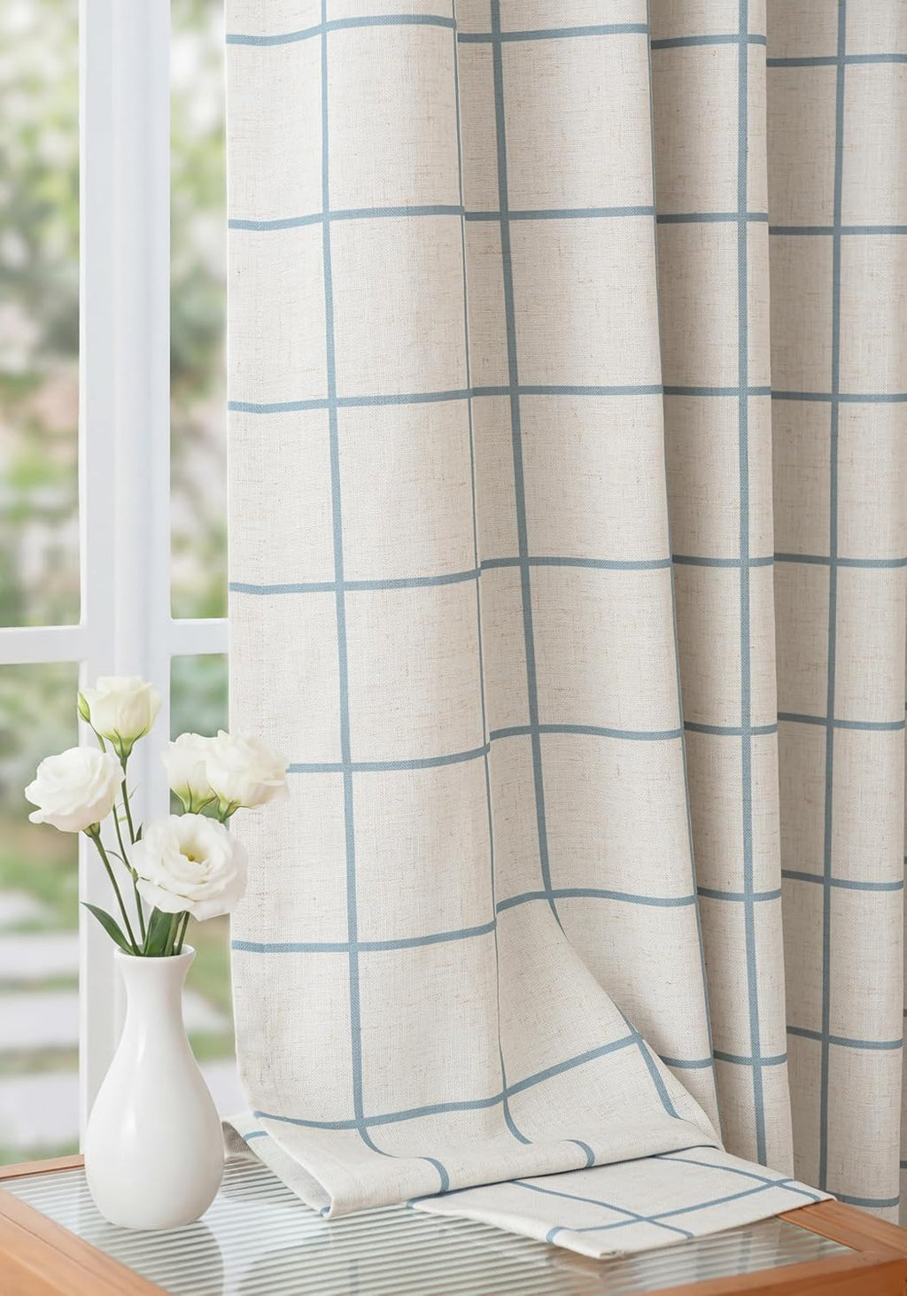 Threegirlshome THREE GIRLS Pinch Pleated Plaid Curtains Blackout Linen Gingham Blue Curtains for Living Room, Bedroom Checkered 120 Inches L…