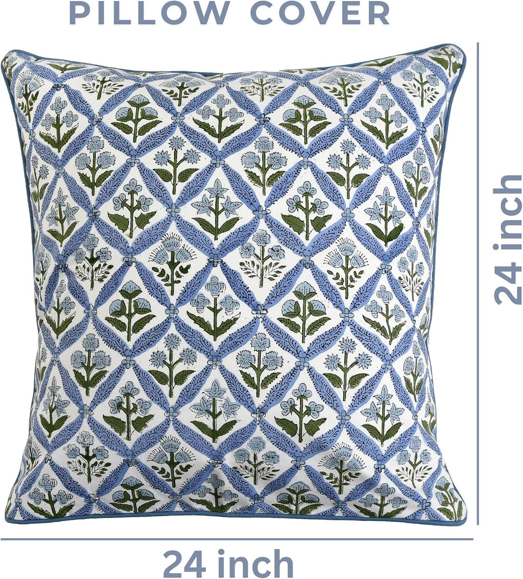 Ridhi Block Print Light Steel Blue Pillow Cover 24" x 24" (Pack of 2) Decorative Couch Pillows for Living Room, Farmhouse Chic Boho Cute Ou…