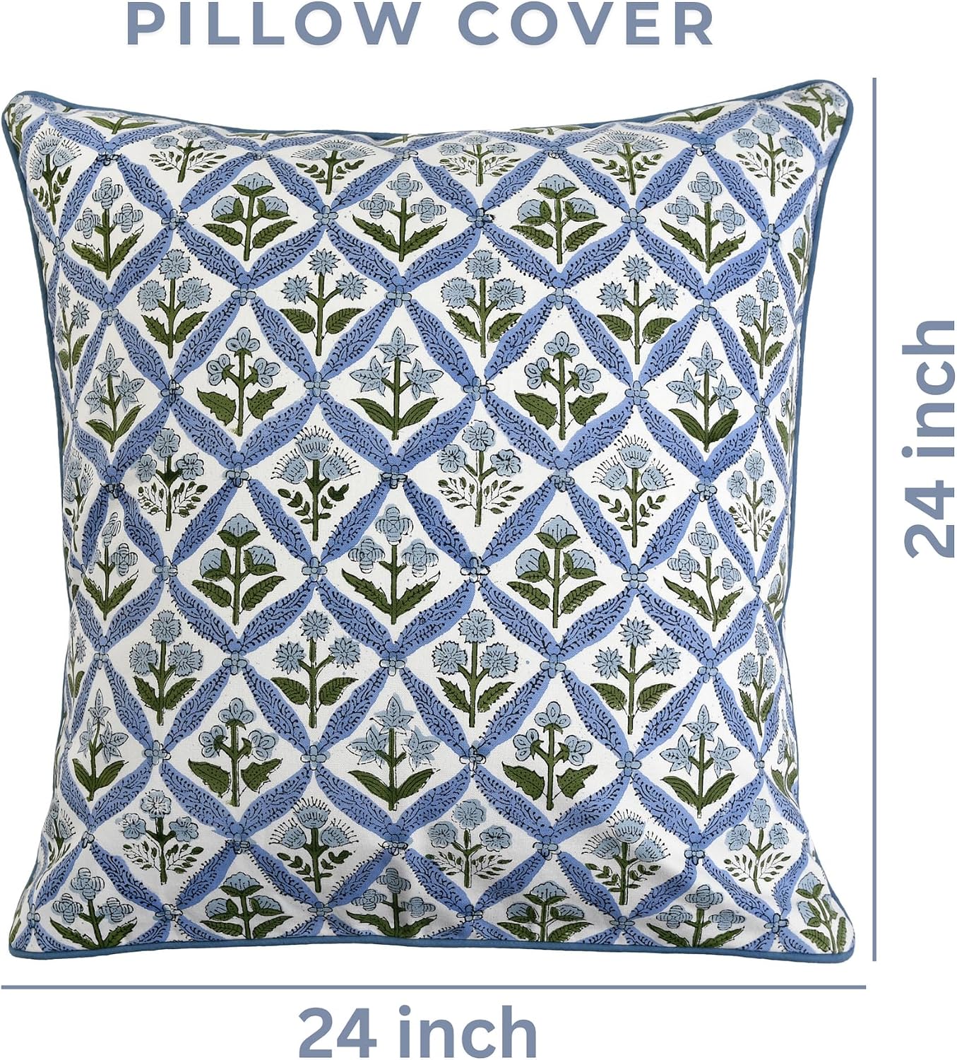 Ridhi Block Print Light Steel Blue Pillow Cover 24" x 24" (Pack of 2) Decorative Couch Pillows for Living Room, Farmhouse Chic Boho Cute Ou…