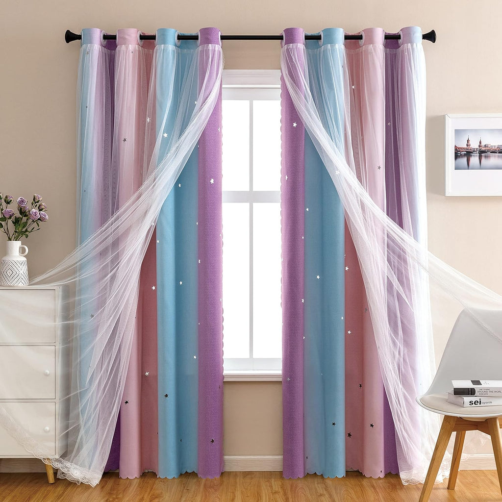 Addsomecolortolife XiDi Girls Curtains for Bedroom, Purple Rainbow Blackout Curtains fo Kids Room Decor, Princess Unicorn Wall Decals Pink…