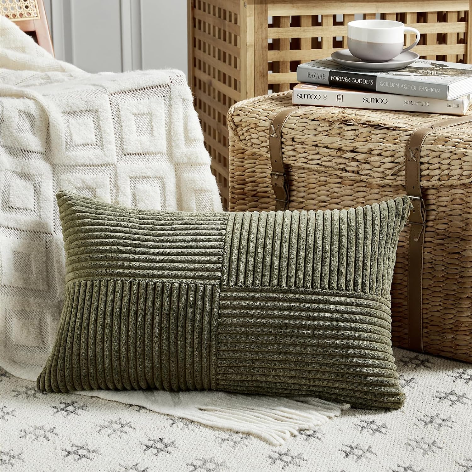 Fancy Homi 2 Packs Olive Green Lumbar Decorative Throw Pillow Covers 16x32 Inch for Living Room Couch Bed, Farmhouse Boho Home Decor…