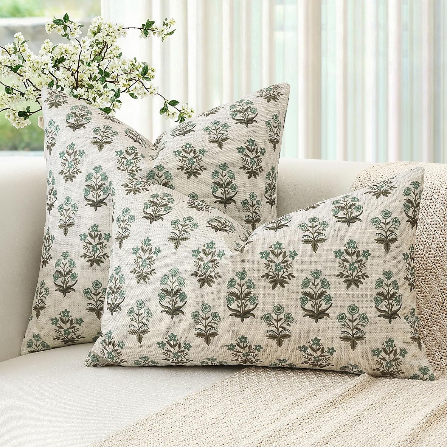 OTOSTAR Floral Print Pillow Covers 20x20 Inch Pack of 2 Double-Sided Brown Green Flower Square Throw Pillow Covers Farmhouse Rustic…