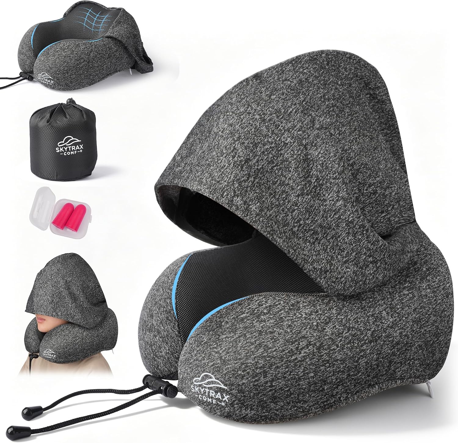 Travel Pillow with Extra Large Hood for Airplane Long Flights Privacy and Comfort Memory Foam with Skin-Friendly Cover for Road Trip…