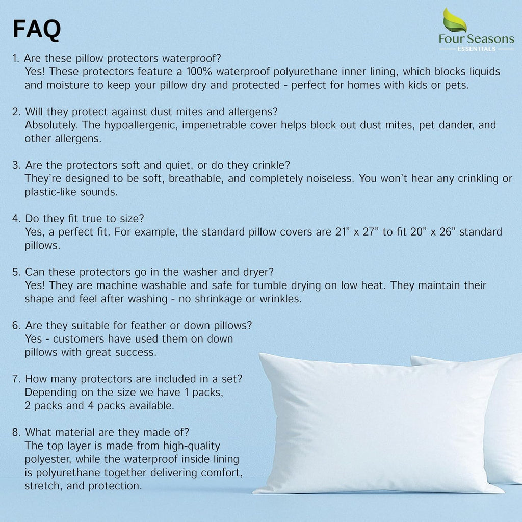 Four Seasons Essentials Waterproof King Pillow Protectors (Set of 2) – Zippered Pillow Cover Hypoallergenic Dust Allergy Proof Encasement