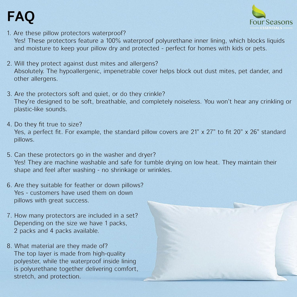Queen Size Waterproof Pillow Protectors (Set of 2) – Zippered Hypoallergenic Pillowcase Cover Allergen Dust Proof Encasement