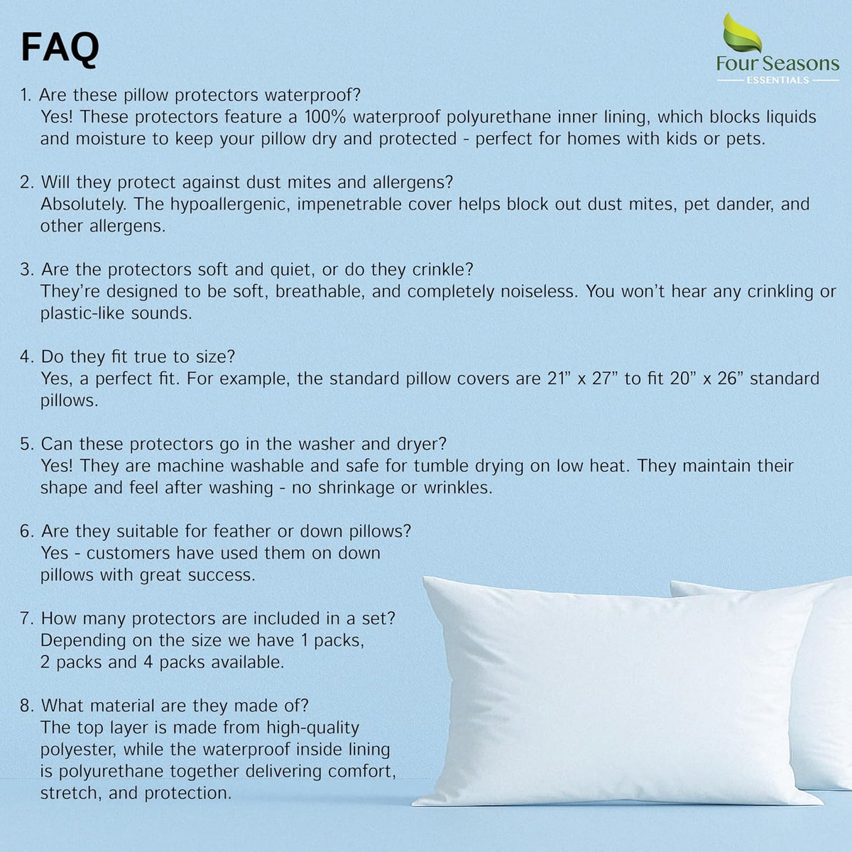 Queen Size Waterproof Pillow Protectors (Set of 2) – Zippered Hypoallergenic Pillowcase Cover Allergen Dust Proof Encasement