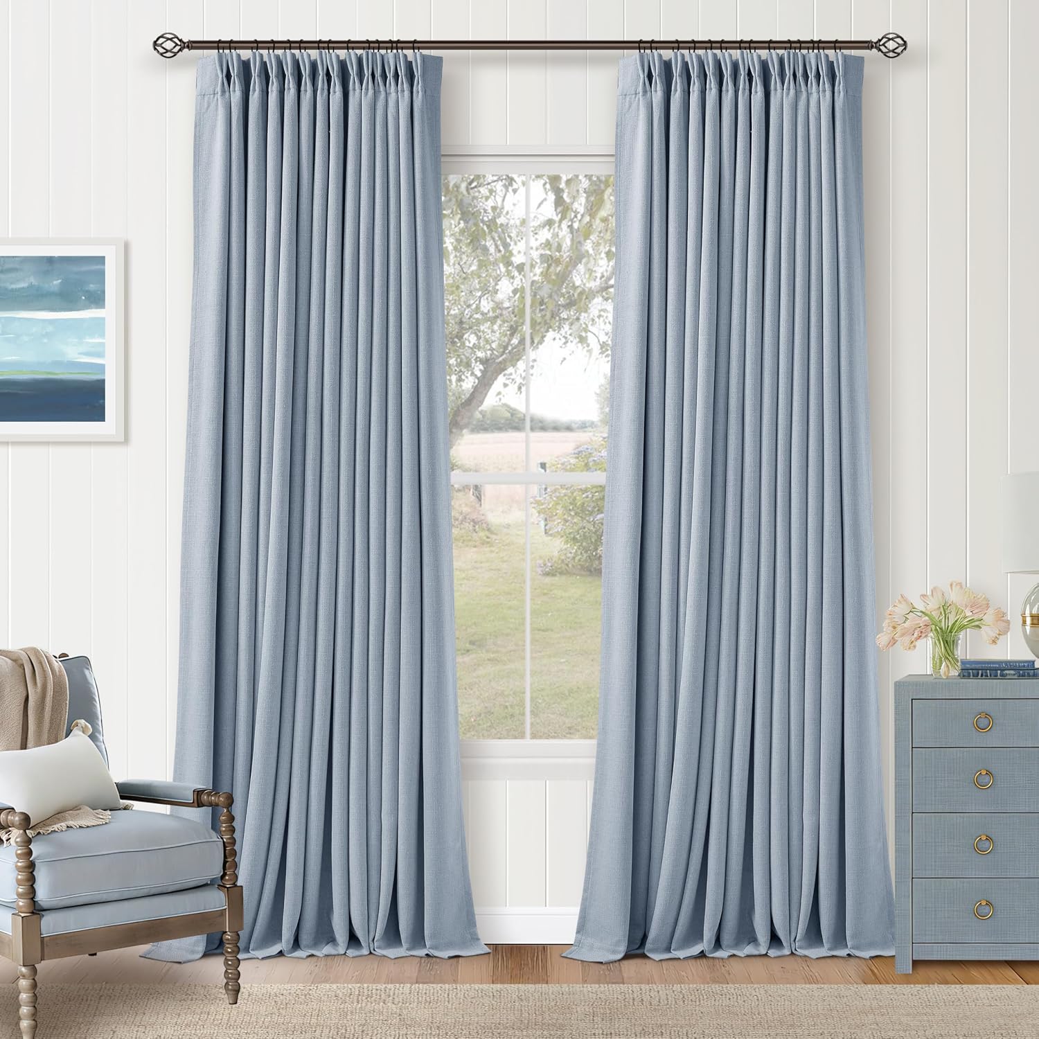 Twodrapes 100 Inch Blackout Pinch Pleated Curtains 2 Panel Set for Living Room Darkening Thick Linen Textured 100% Black Out Drapes 100 Inc…