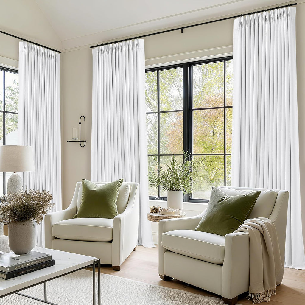 Twodrapes Pure White 96 Inch Blackout Pinch Pleated Curtains 2 Panel Set for Living Room Darkening Thick Linen Textured 100% Black Out Drap…
