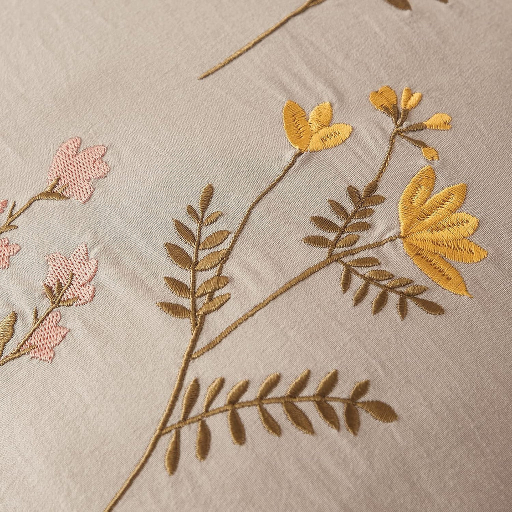 Moveover Taupe Pillowcases, Embroidery Flower Pillow Cases Set of 2, 100% Soft Washed Microfiber, Pink and Yellow Floral Pattern Country St…